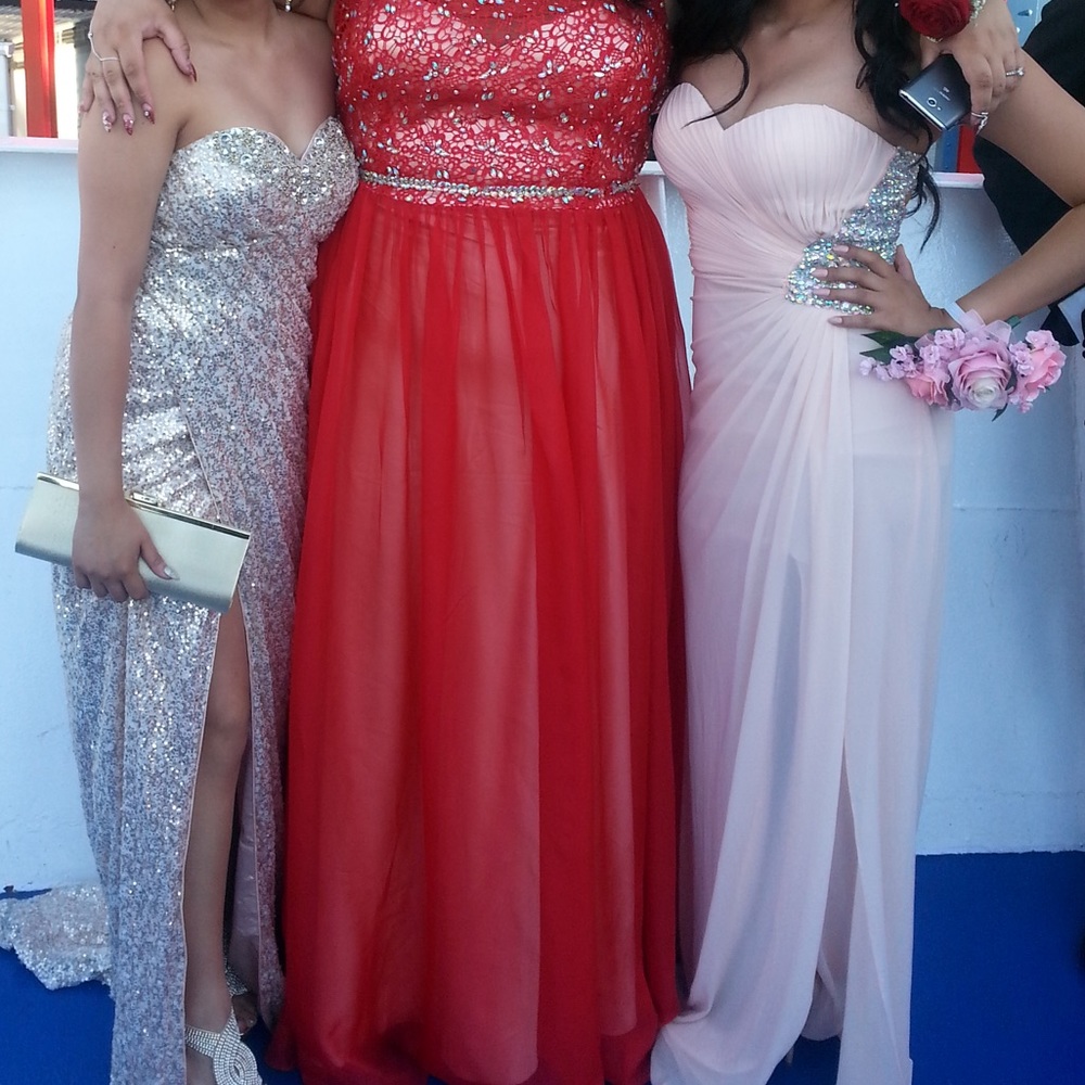 Coral Pink Jewel Embellished Prom Maxi Dress Small
